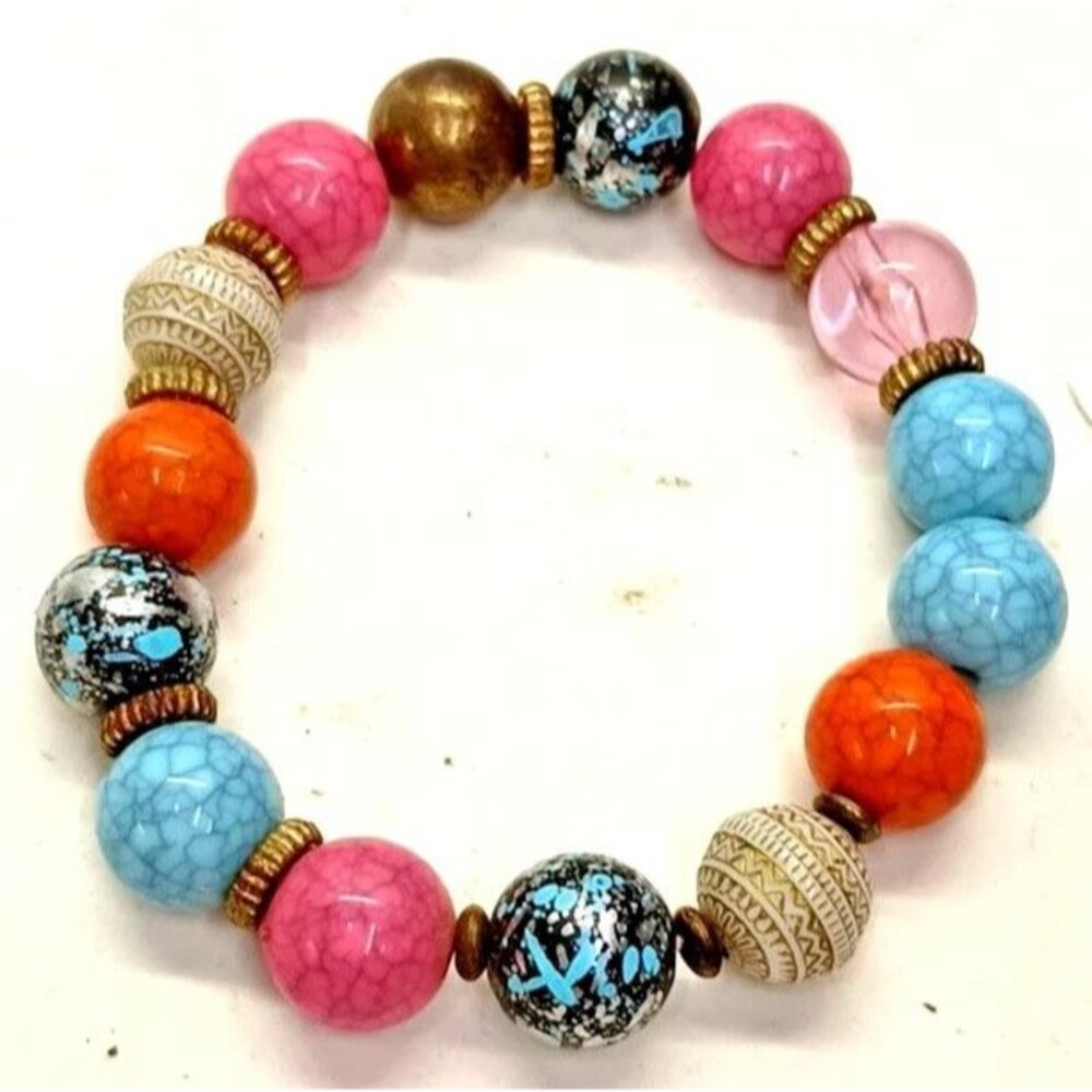 Vintage Tiger’s Eye & Turquoise Beaded Bracelet Silver Tone 7” Women’s Boho